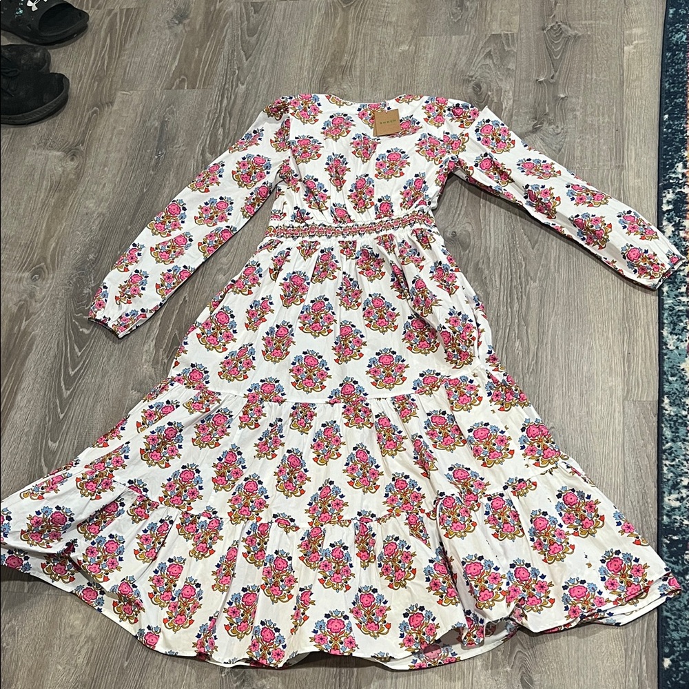 Boden Long Sleeve Floral Dress Violet Trim Midi Dress - Picture 7 of 8